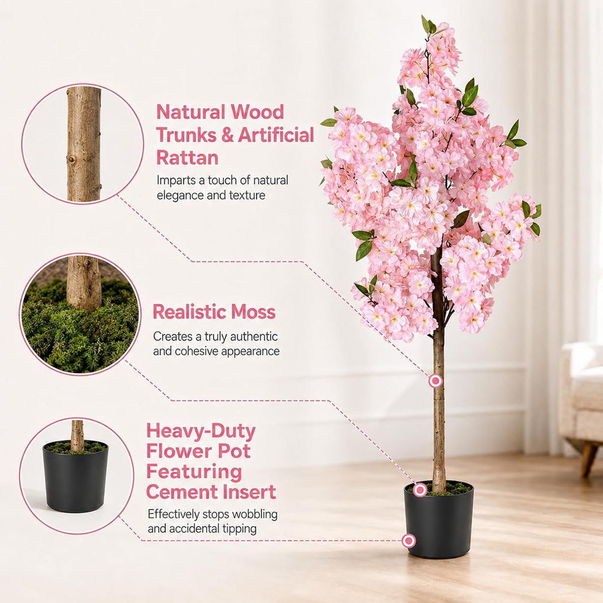 Cherry Blossom Tree 4FT Artificial Plants Indoor - Reinforced Spiral Connection Base & Anti-Shedding Silk Sakura Flowers, Faux Pink Tree for Living Room Home Office Bedroom Decor