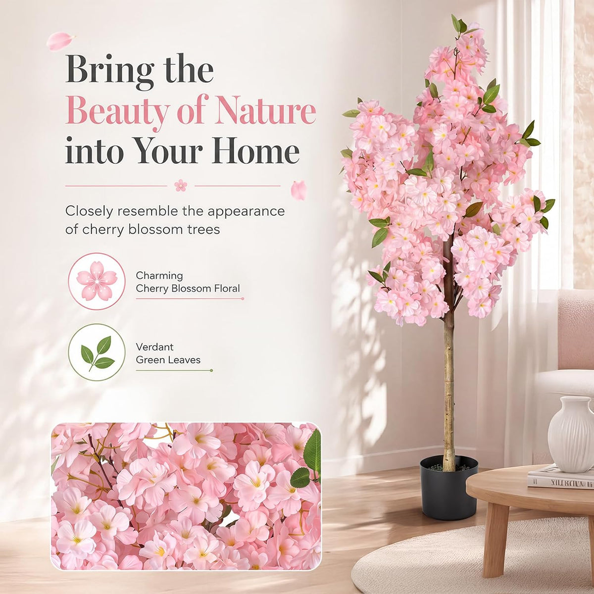 Cherry Blossom Tree 4FT Artificial Plants Indoor - Reinforced Spiral Connection Base & Anti-Shedding Silk Sakura Flowers, Faux Pink Tree for Living Room Home Office Bedroom Decor