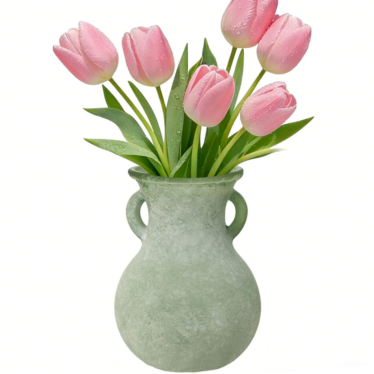 Green Glass Vase with Handles, 7.5 Inch Rustic pottery Style Flower Vase, Vintage Decorative Round Bud Jar for Dried Flowers, Earthy Aesthetic Centerpiece for Modern Farmhouse & Boho Spring Home Decor