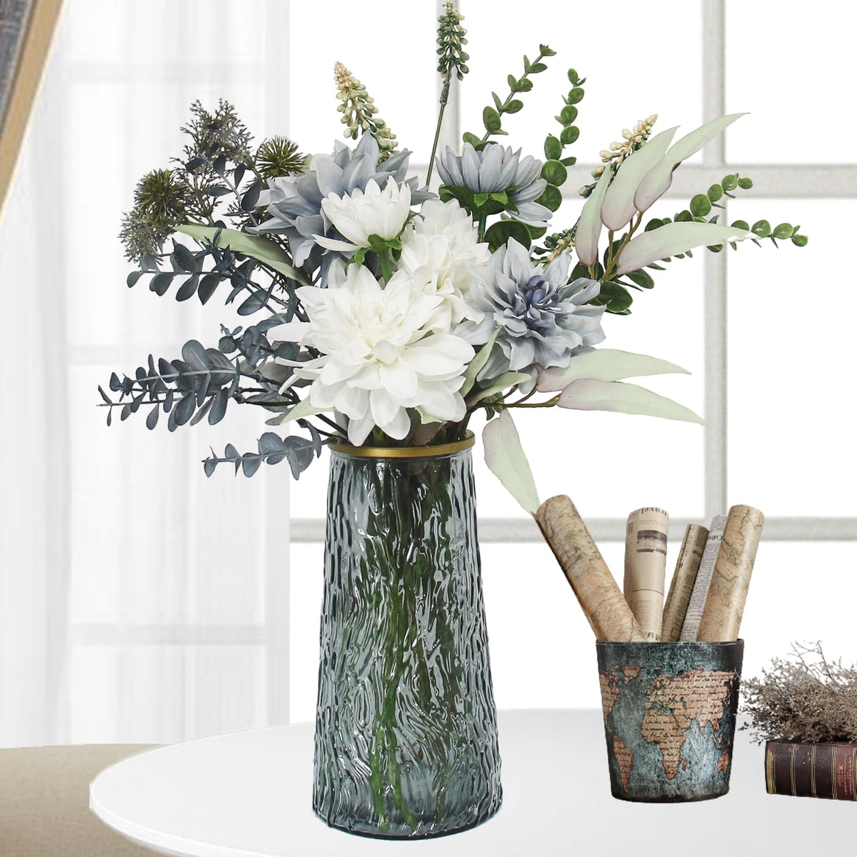 Leftover Fake Flowers with Vase,Silk Dahlia Flowers,Artificial Flowers in Vase,Centerpiece Table Decorations,Flower Centerpieces for Tables,Kitchen Table Decor,Coffee Table Decor