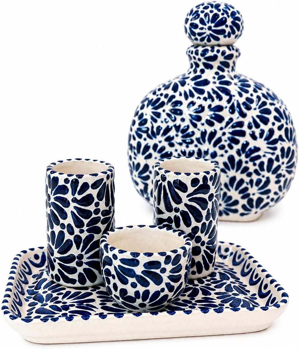 Handmade Mexican Talavera Artisan Decorative Set – 4-Piece Ceramic Ritual Bundle with Plate, 2 Caballito Style Cups & Mezcalero Bowl, Traditional Puebla Pottery, Rustic Bar Display Gift