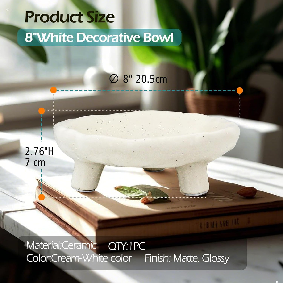Three-Legs Ceramic Decorative Bowl- 8" Small White Footed Fruit Bowl for Kitchen Counter, Entryway &Table Home Décor,Multi-Purpose Footed Centerpiece Bowl for Candy,Breads,candles, trinkets or key