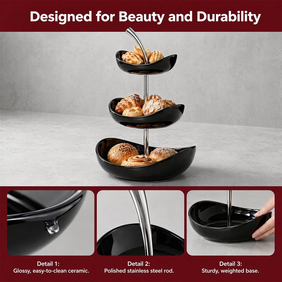 3-Tier Layer Cherry Shaped Ceramic Fruit Bowl，7 inch Color contrastingSnack，FruitPlate,Dessert Bowl,Modern Decorative Serving Platter for Coffee Table SnackPlate Pastry Plate