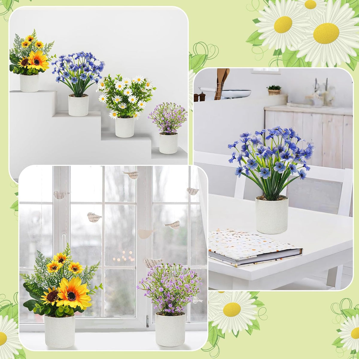 4 Packs Small Artificial Flowers in Pot, All-in-One Floral Decor,Colorful