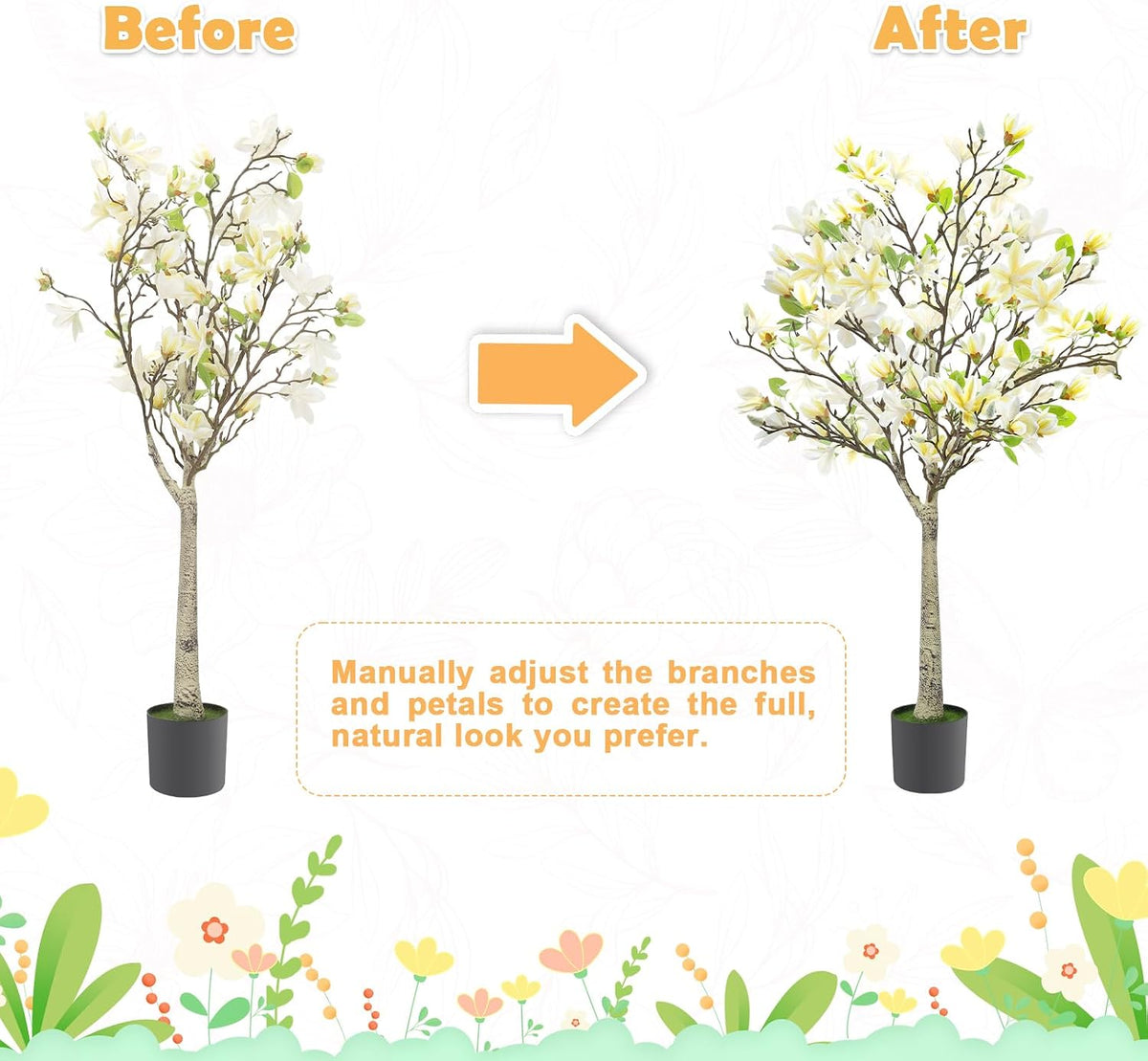 4FT Faux Magnolia Tree in Black Pot, White Artificial Plant for Home, Room