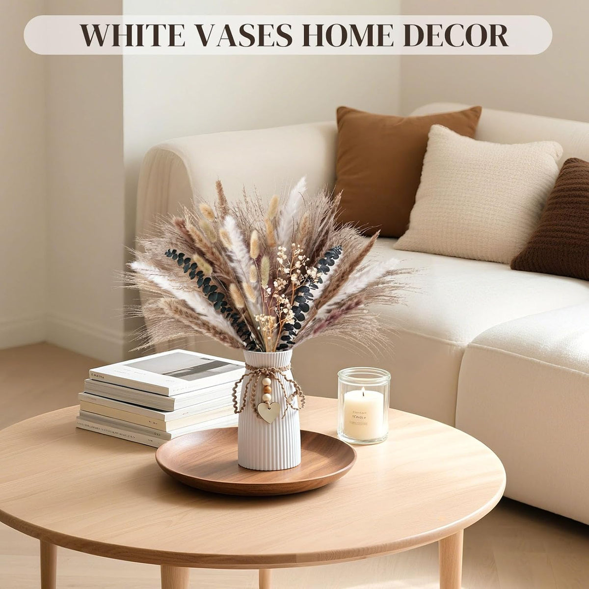DomeStar White Ceramic Vase, 6.3" Tall Flower Vase for Pampas Grass