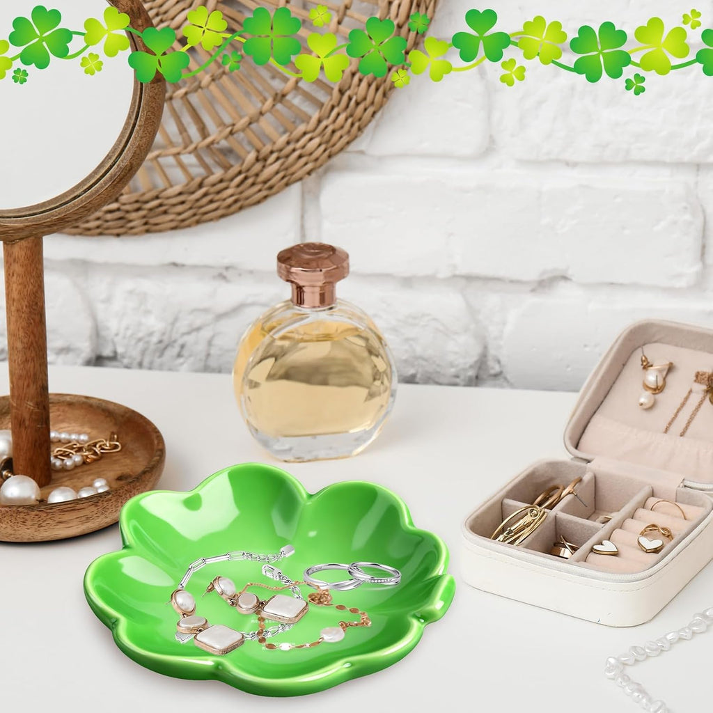 St. Patrick's Day Four-Leaf Clovers Ceramic Tray St. Patrick's Day Green Leaf Ring Dish for Irish Shamrock Accessories Irish Festival Party Supplies