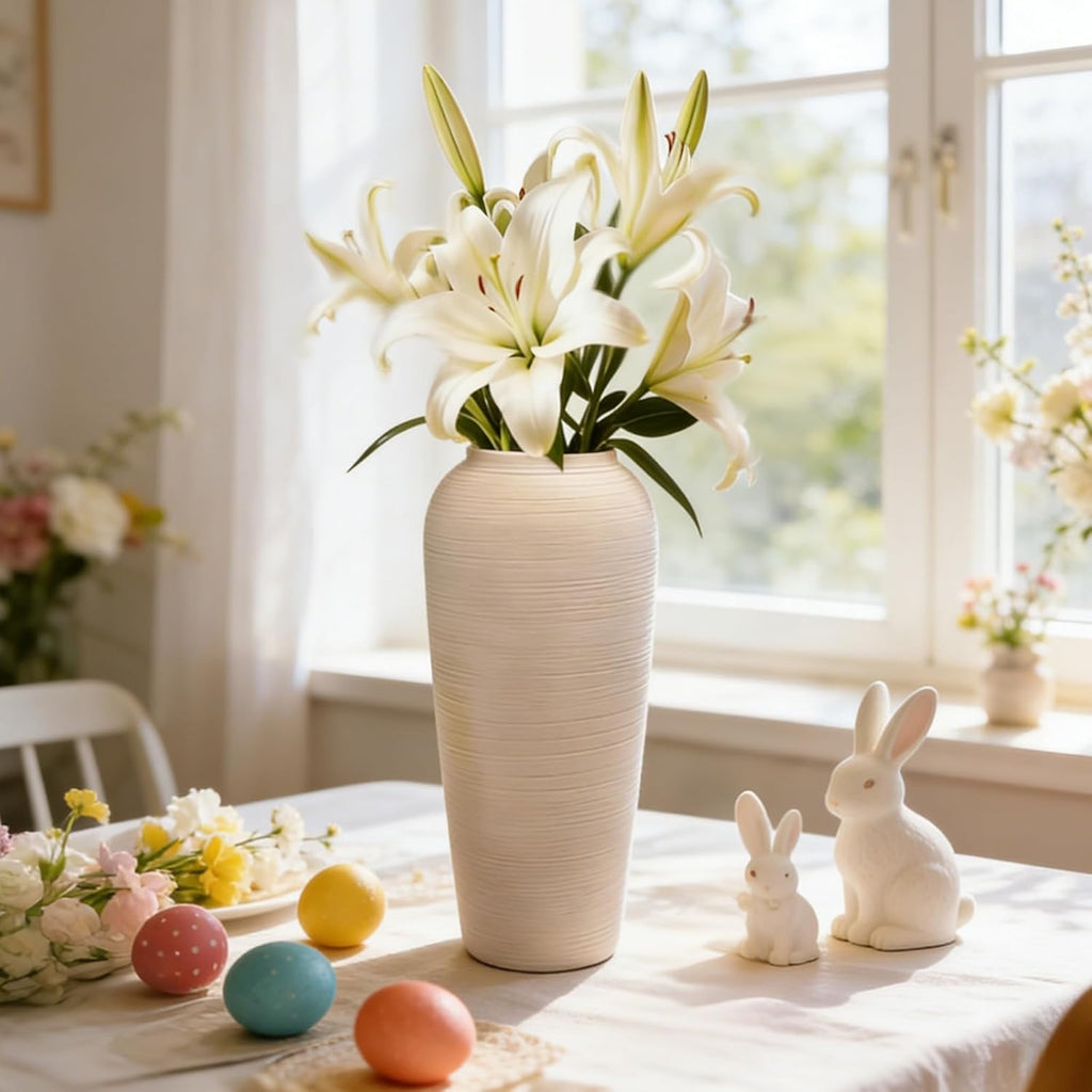 Tall Ceramic Vase 12 Inch Neutral Textured Vase,Cream Vase for Home Decor