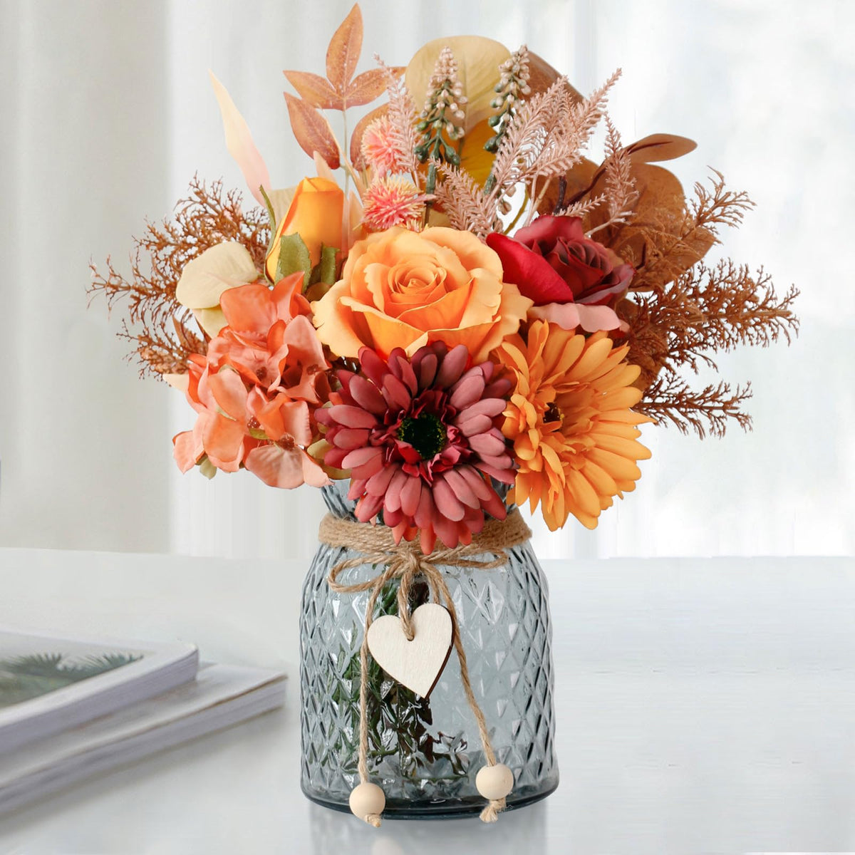 Leftover Fake Flowers with Vase,Silk Dahlia Flowers,Artificial Flowers in Vase,Centerpiece Table Decorations,Flower Centerpieces for Tables,Kitchen Table Decor,Coffee Table Decor