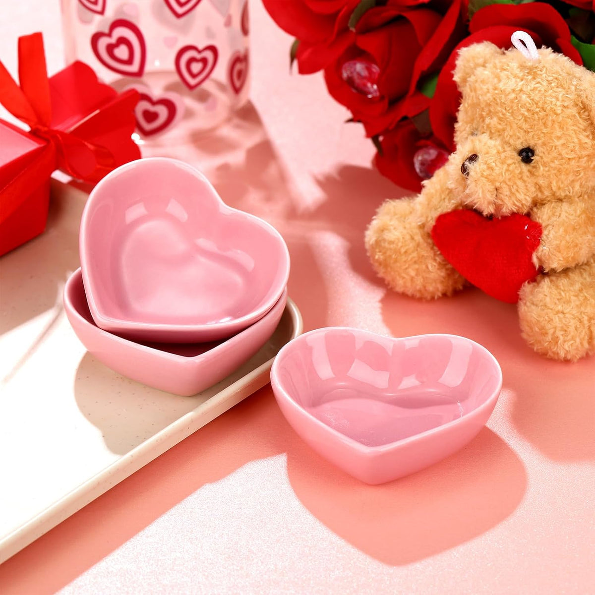 SiliFine 6 Pcs Valentine and St. Patrick's Day Ceramic Candy Dish Set Heart Shaped Bowl and Shamrock Porcelain Bowls Multipurpose Bowl for Valentine Wedding Irish Day Gift Decoration