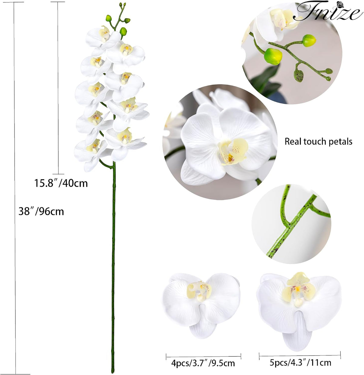 Fnize Orchid Stems Artificial Flowers Real Touch Latex White 38 Inch 2pcs