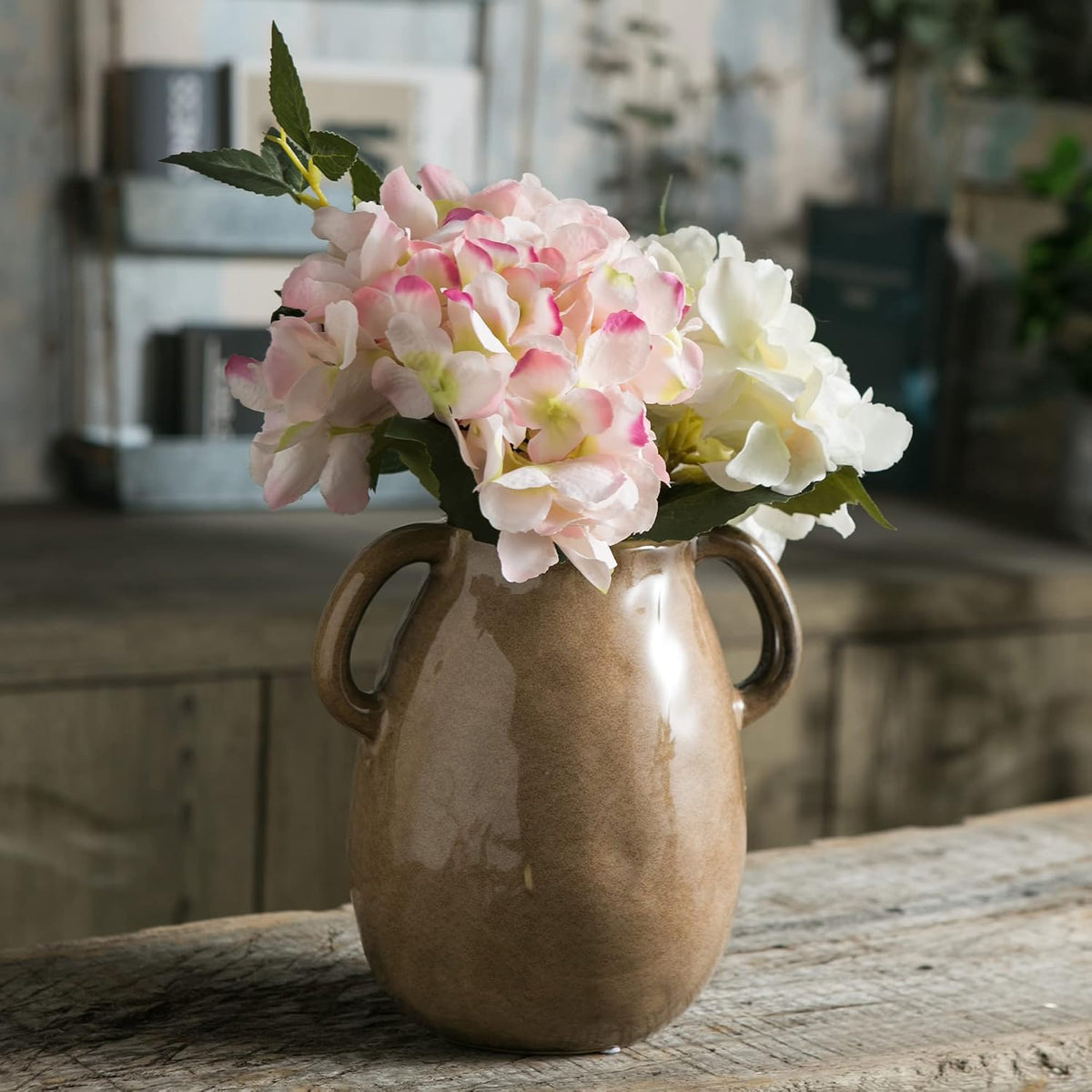 Tanvecle Brown Ceramic Vase with Handles, 7" Modern Farmhouse Decor