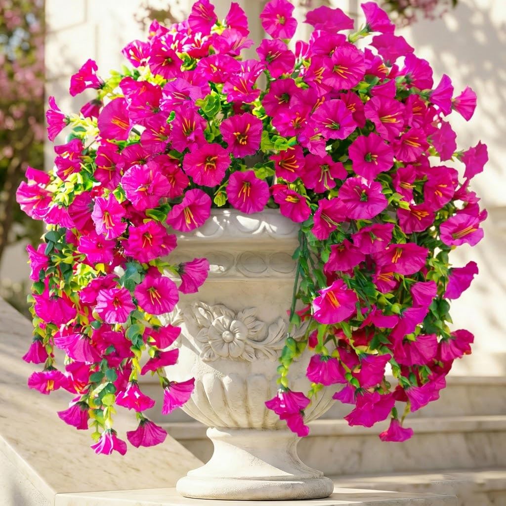 Ivydale 2 PCS Artificial Hanging Flowers Fake Plants Outdoor,Silk Morning Glory Faux Flowers with Eucalyptus Leaf,UV Resistant Realistic Hanging Petunias Plants for Home Garden Decor (Purple+Fuchsia)
