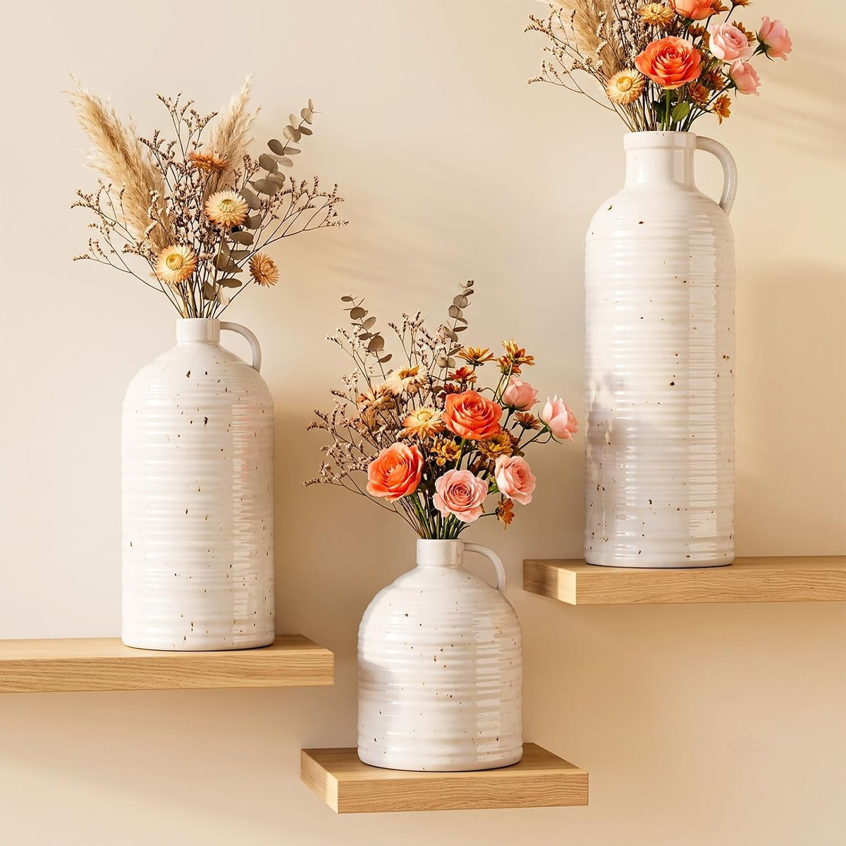 Firehold Ceramic Vase Set of 3 with Handle, Rustic Farmhouse Flower Vases