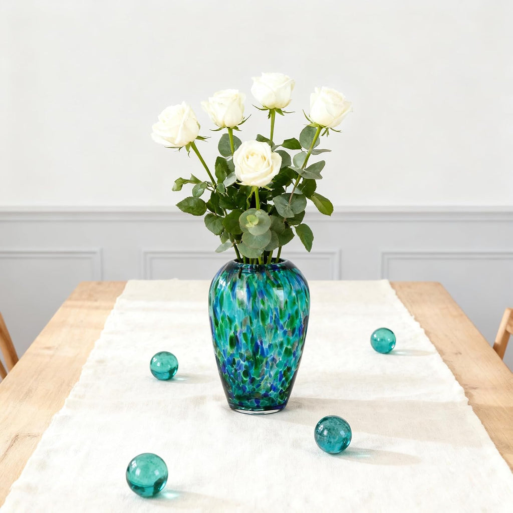 9" Tall Teal Vase Hand Blown Glass Vase, Unique Turquoise Glass Vases Modern Home Centerpieces, Wide Mouth Flower Vases for Bouquet, Living Room, Kitchen, Wedding, Dining Table Center