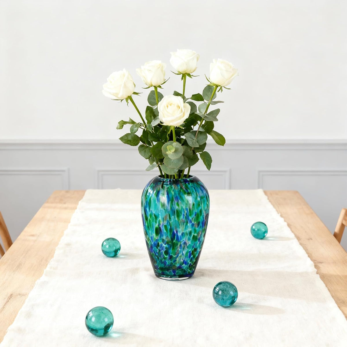 9" Tall Teal Vase Hand Blown Glass Vase, Unique Turquoise Glass Vases Modern Home Centerpieces, Wide Mouth Flower Vases for Bouquet, Living Room, Kitchen, Wedding, Dining Table Center