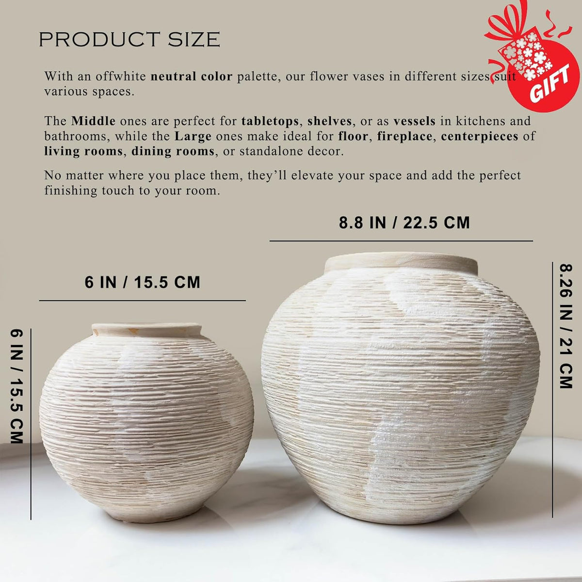 Rustic Ceramic Vintage Farmhouse Vase for Decor (Small Ribbed Whitewash)