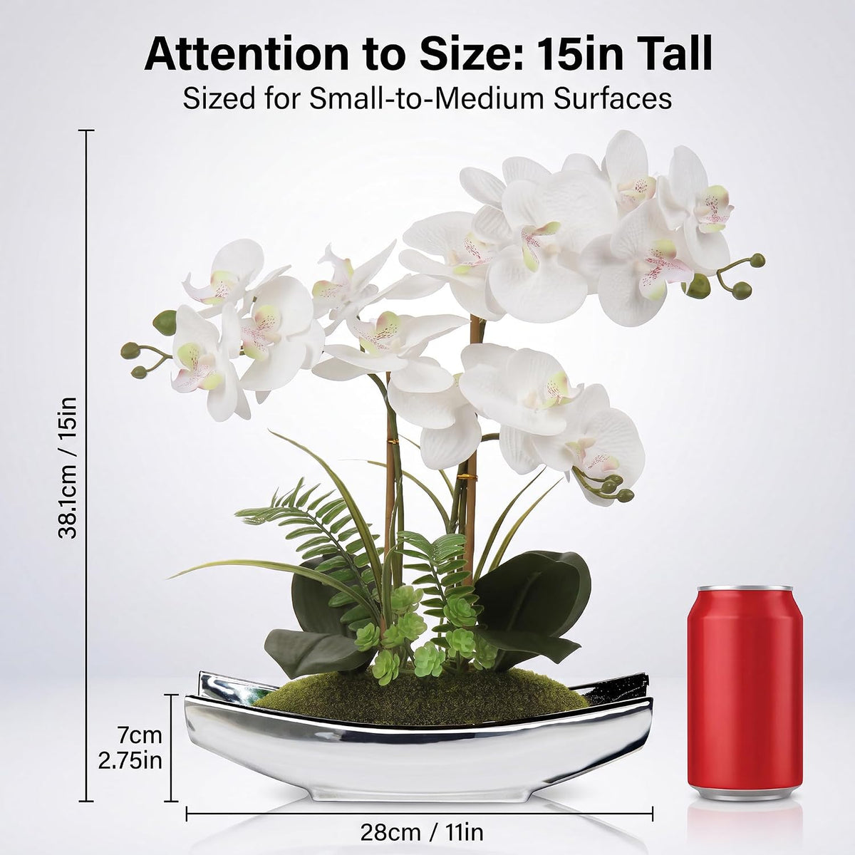 Briful 15" White Faux Orchid Arrangement in Silver Boat Pot Table Decor