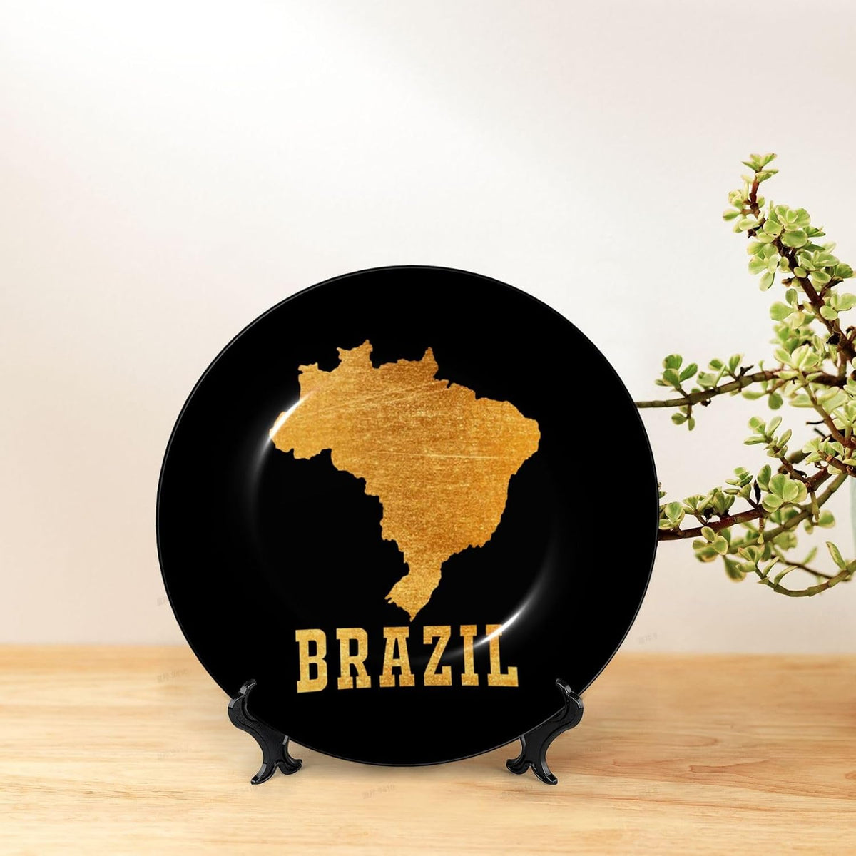 Bone China Decorative Plate with Display Stand, Brazil Brazilian Map Golden Emblem Round Ceramic Dinner Plate Art Crafts for Home Decor 7in