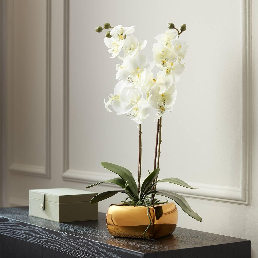 Dahlia Studios Potted Silk Faux Artificial Flowers Realistic White Phalaenopsis Orchid Greenery in Gold Ceramic Pot for Home Decoration Living Room Office Bedroom Bathroom Kitchen 22" High