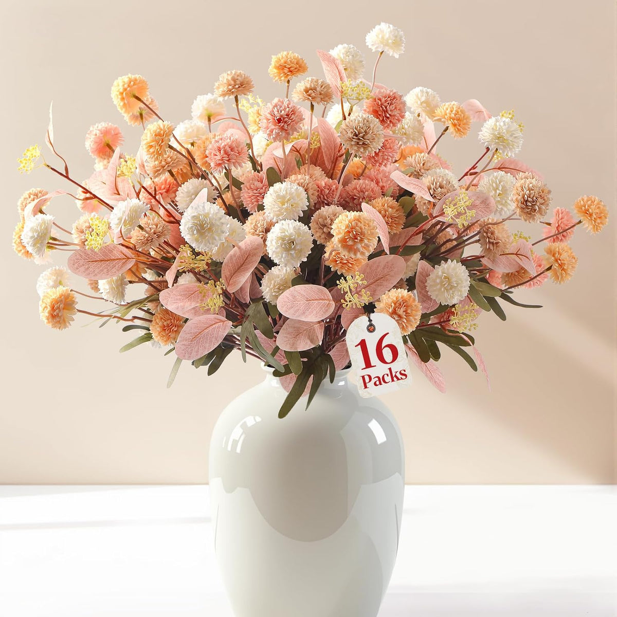 Alupssuc 16 Pcs Faux Silk Mums with Eucalyptus, Fake Chrysanthemum for Vase