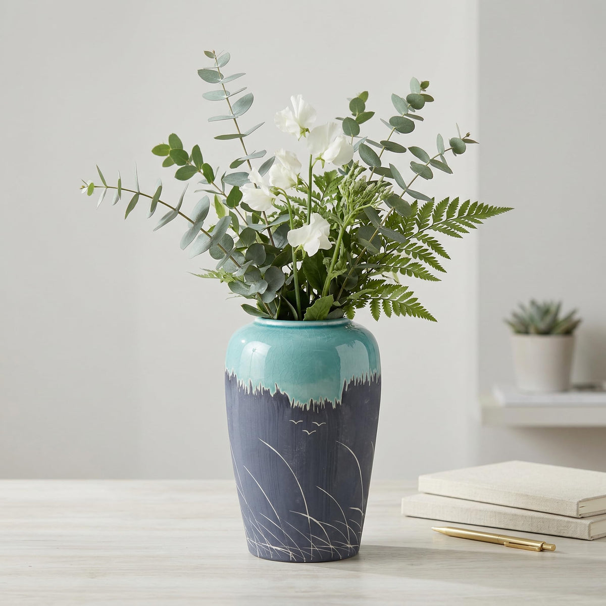 White Ceramic Vase for Centerpiece, 8 Inch Modern Vases Home Decor, Decorative Flower Vase for Pampas Grass, Coffee Table Living Room Small Shelf Kitchen Decor