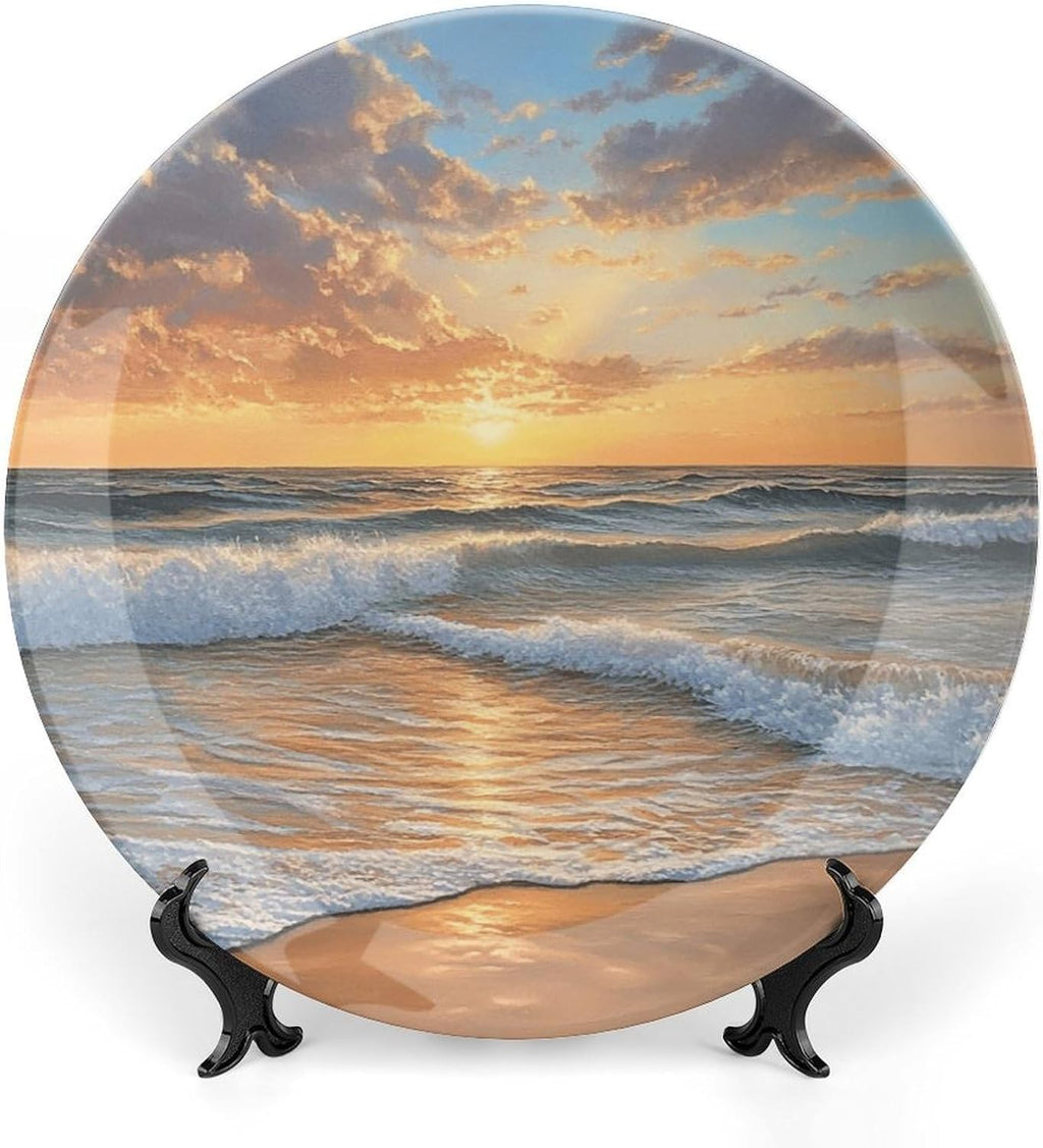 Ocean Sunset Glow Bone China Decorative Plate Ceramic Decorative Plate Home Wall Decor with Vertical Stand Decorative Plates