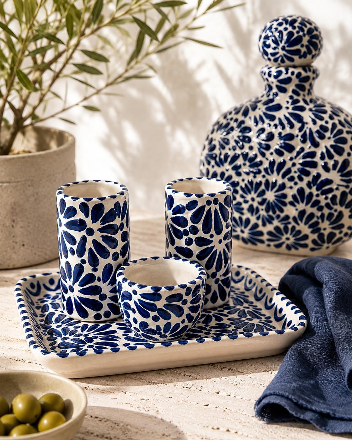 Handmade Mexican Talavera Artisan Decorative Set – 4-Piece Ceramic Ritual Bundle with Plate, 2 Caballito Style Cups & Mezcalero Bowl, Traditional Puebla Pottery, Rustic Bar Display Gift