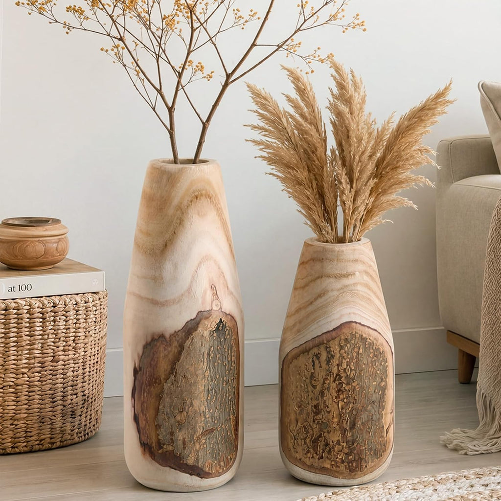 2 Pcs Paulownia Wooden Rustic Vase Live Edge 13", 16" H Floor Vase