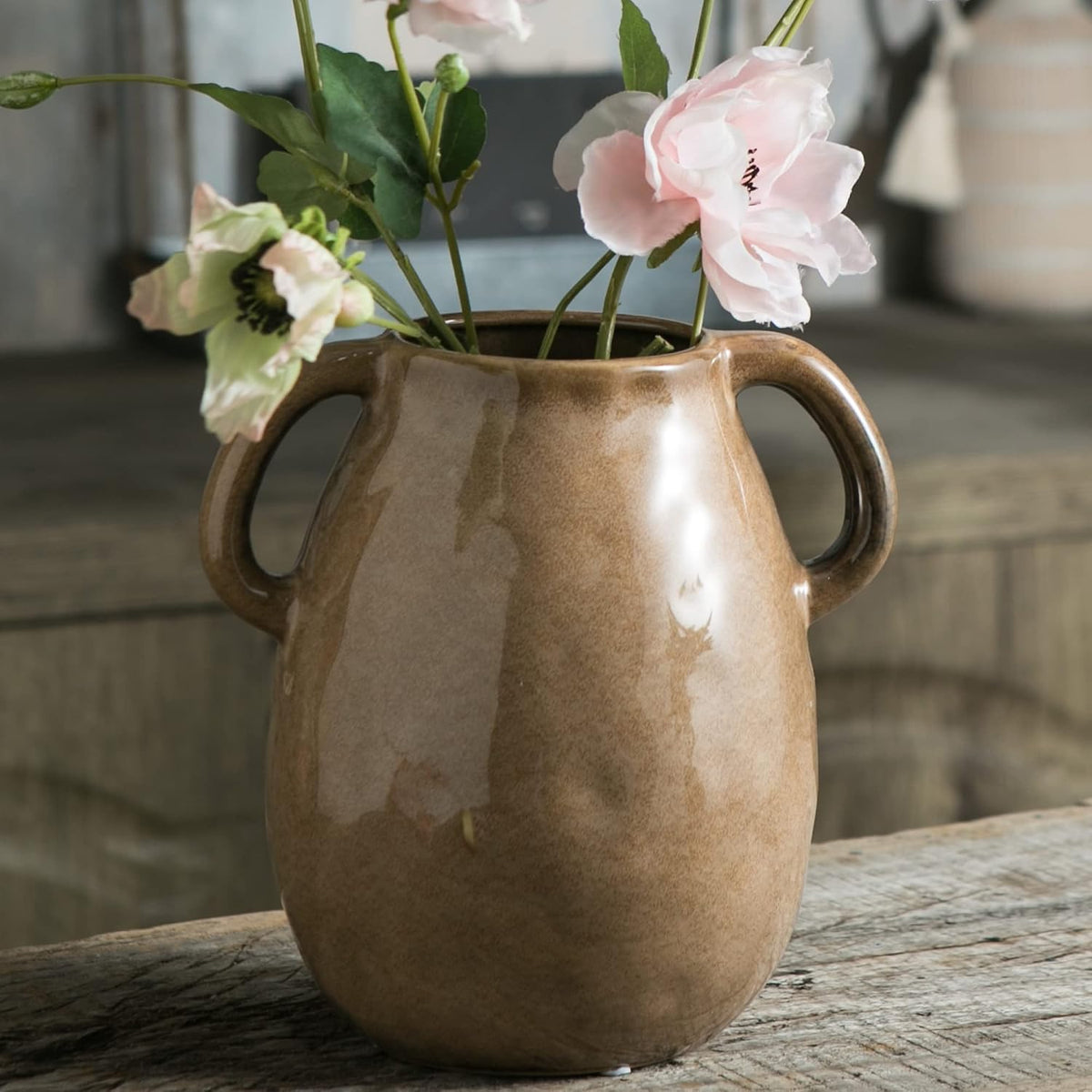 Tanvecle Brown Ceramic Vase with Handles, 7" Modern Farmhouse Decor