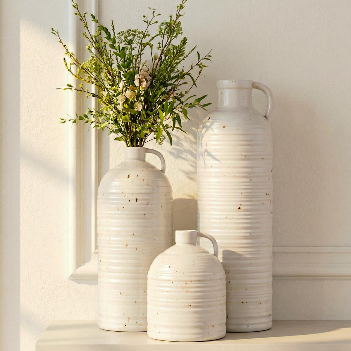 Firehold Ceramic Vase Set of 3 with Handle, Rustic Farmhouse Flower Vases