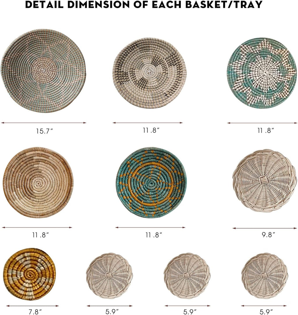 Wicker Basket Wall Decor Set of 10 with Loops, Seagrass, Handmade