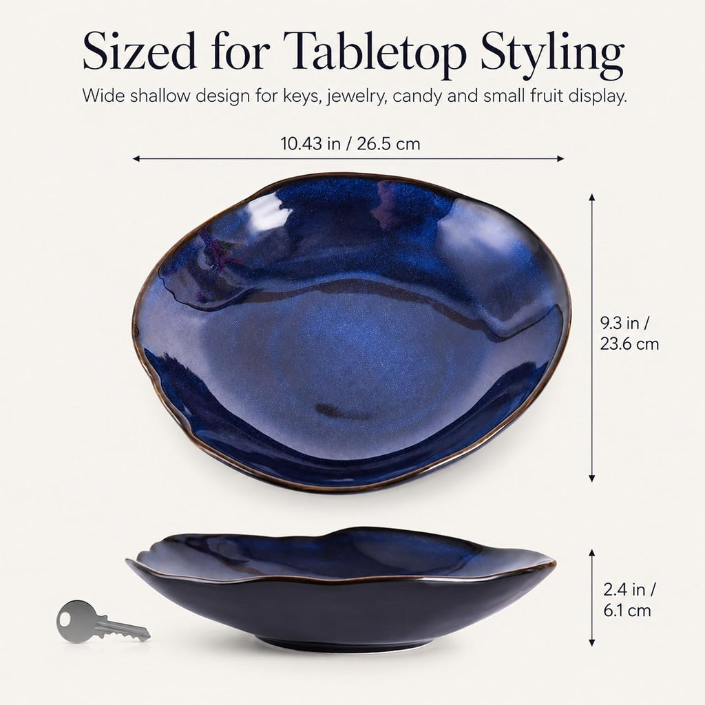Blue Ceramic Decorative Bowl –10.4" Small Trinket Dish, Fruit Bowl, Candy Dish, Key Bowl for Entryway Table, Jewelry & Ring Dish, Porcelain Catchall Dish for Kitchen, Bedside, Living Room Home Decor
