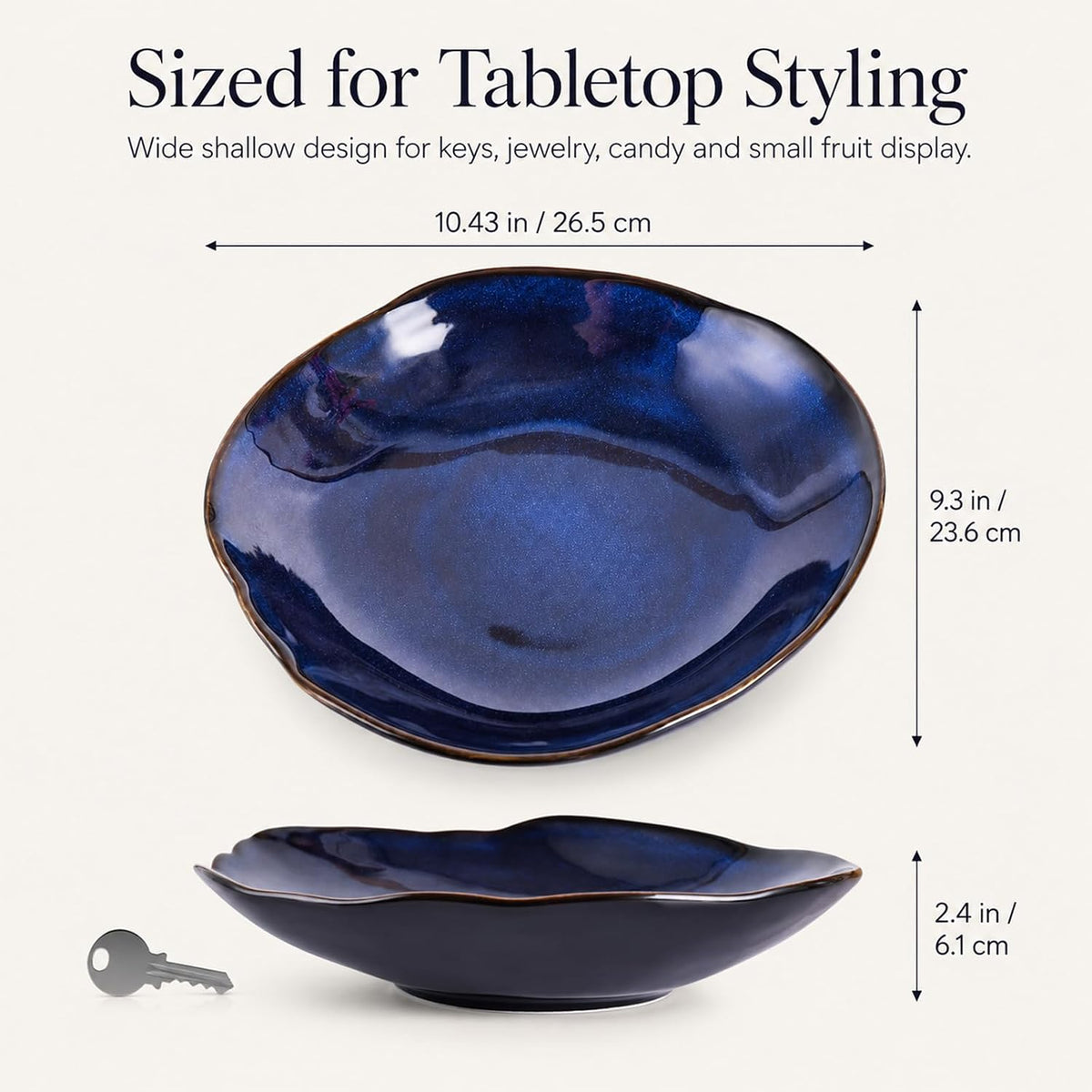 Blue Ceramic Decorative Bowl –10.4" Small Trinket Dish, Fruit Bowl, Candy Dish, Key Bowl for Entryway Table, Jewelry & Ring Dish, Porcelain Catchall Dish for Kitchen, Bedside, Living Room Home Decor
