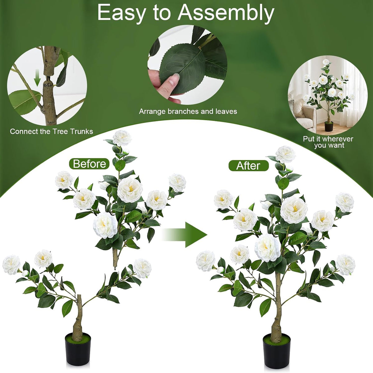 2 Pack 3FT Artificial Camellia Trees with White Flower for Outdoor