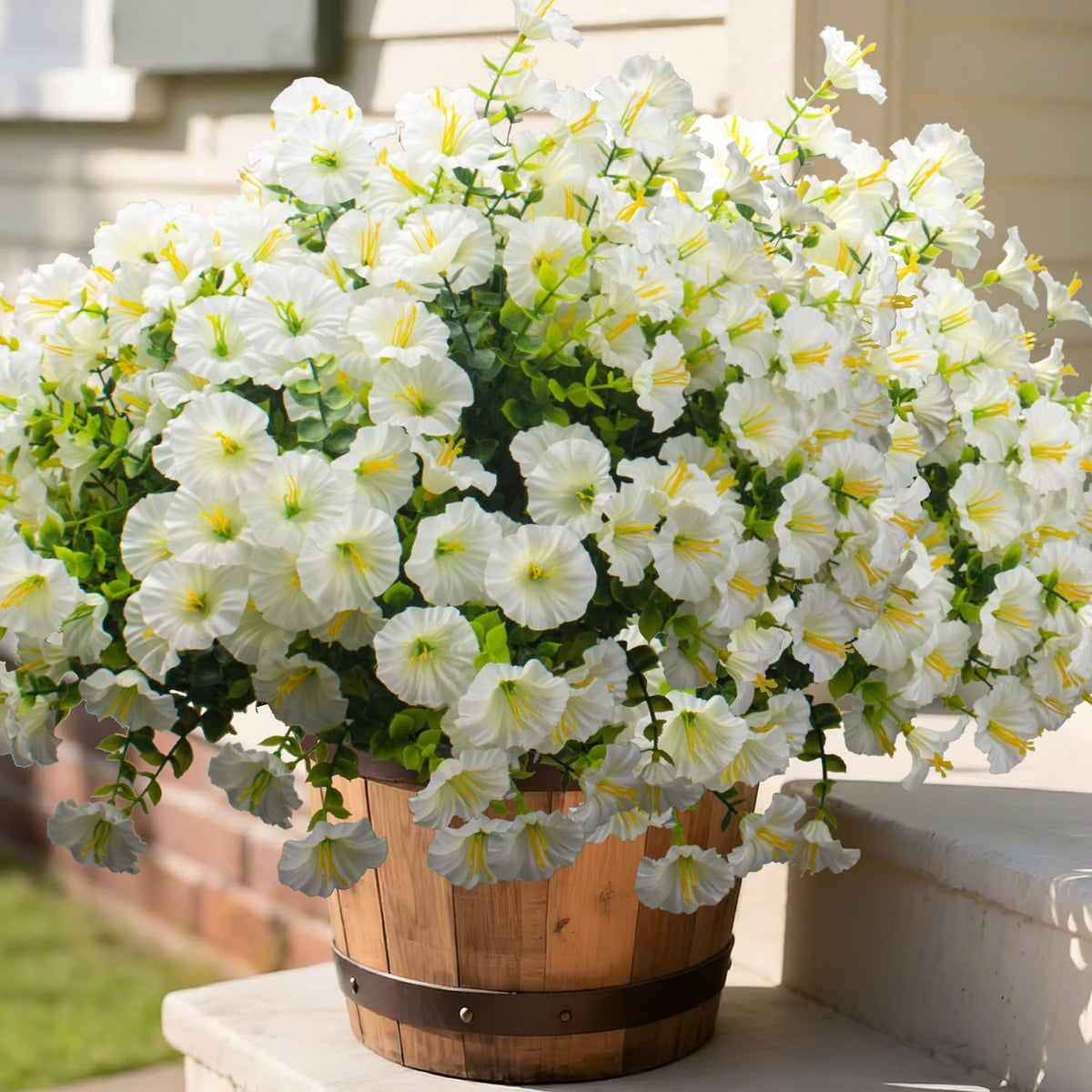 Grunyia 16 Bundles UV Resistant Artificial Morning Glory Flowers - Faux Silk Plastic Fake Flowers with Green Foliage for Outdoor Indoor Porch Patio Planter Yard Garden Home Decor