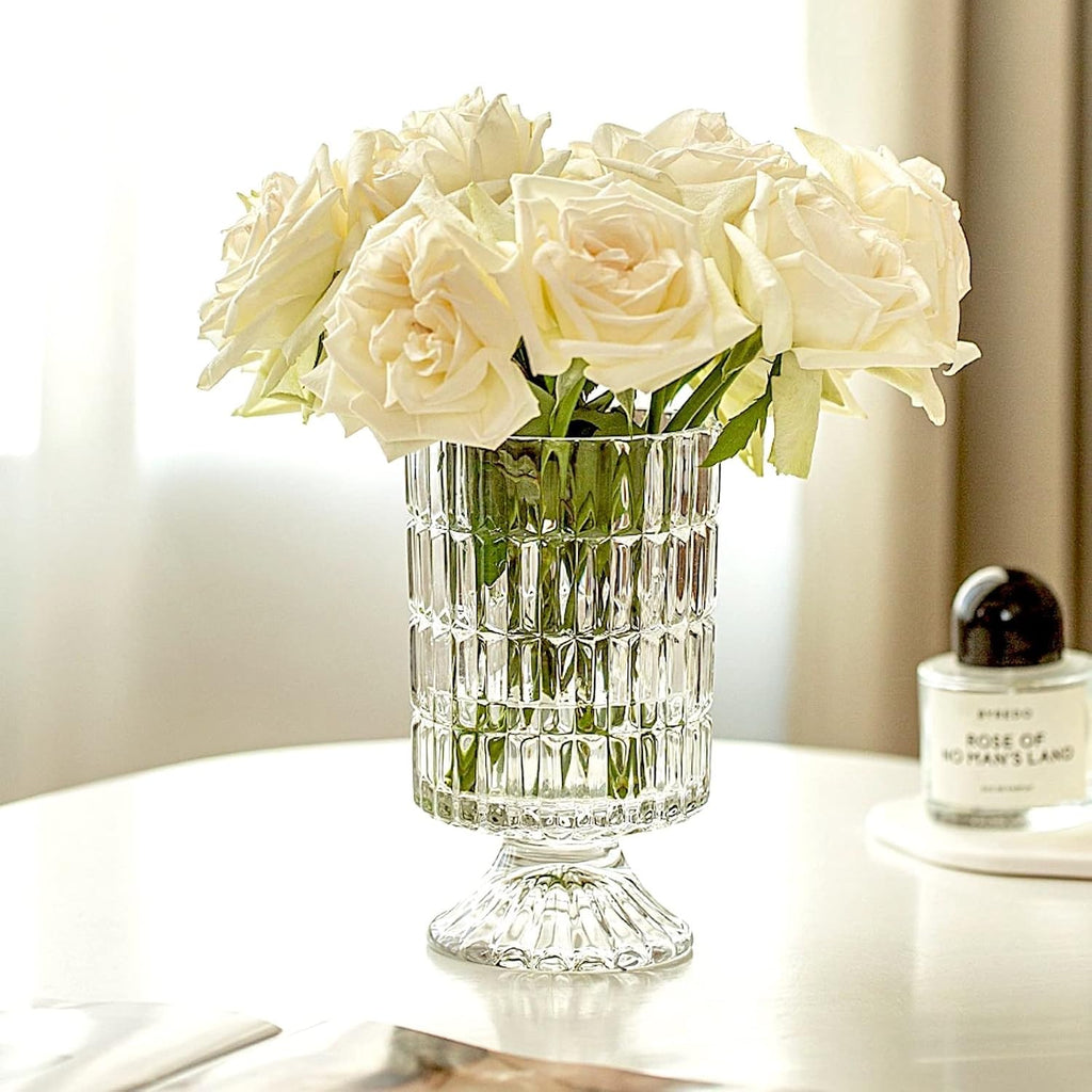 BLOFLO Embossed Glass Vase, 7'' Crystal Glass Vases, Pedestal Big Base Glass Bouquet Vase, Hydroponic Glass Transparent Vase for Home Office Wedding Dining Table Party (Ribbed Pattern)