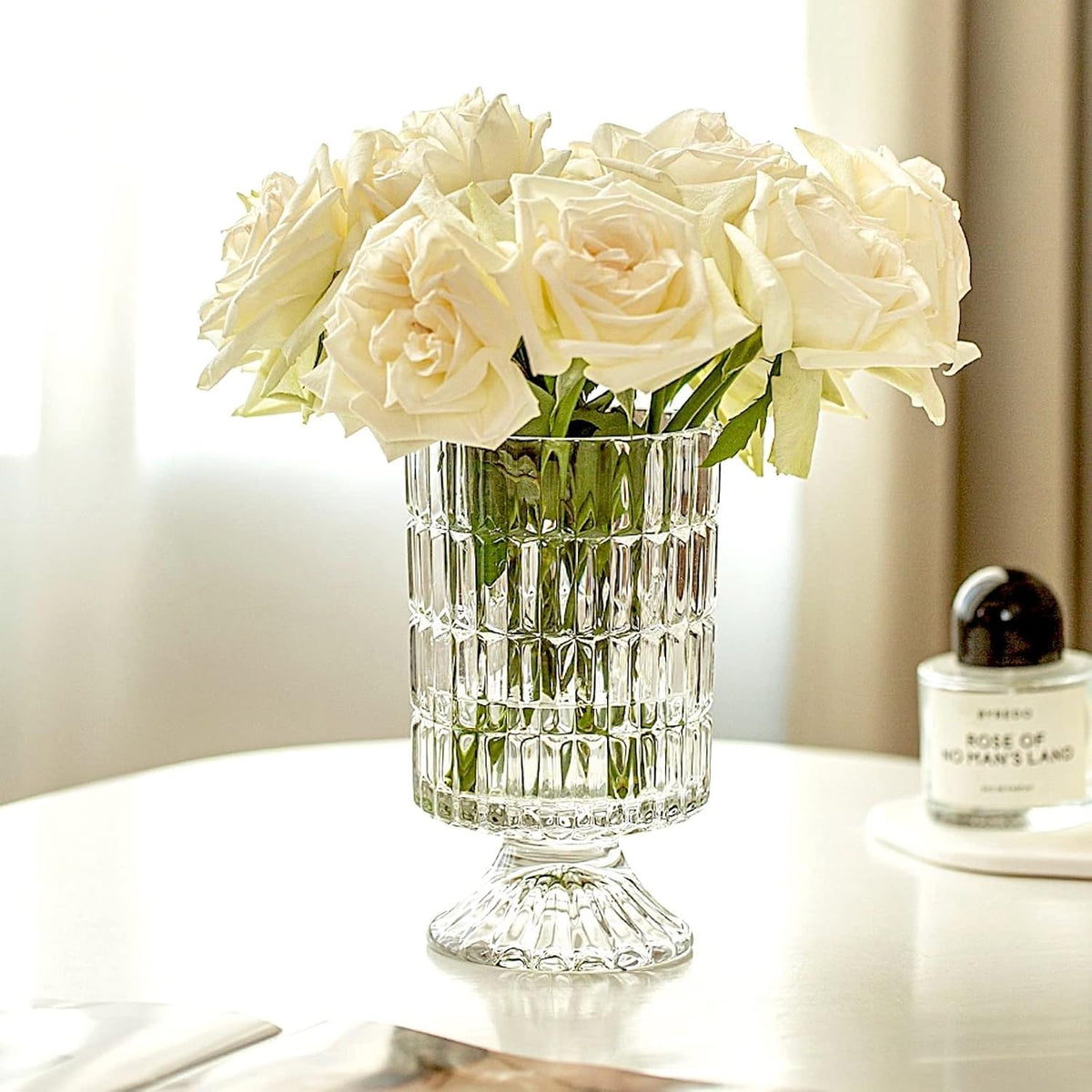 BLOFLO Embossed Glass Vase, 7'' Crystal Glass Vases, Pedestal Big Base Glass Bouquet Vase, Hydroponic Glass Transparent Vase for Home Office Wedding Dining Table Party (Ribbed Pattern)
