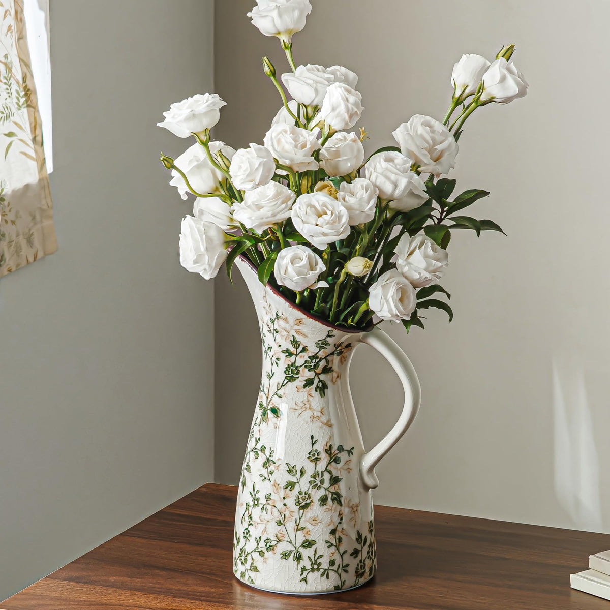 Ceramic Flower Vase for Home Decor, Vintage Green Decorative Vase 6.7 Inch