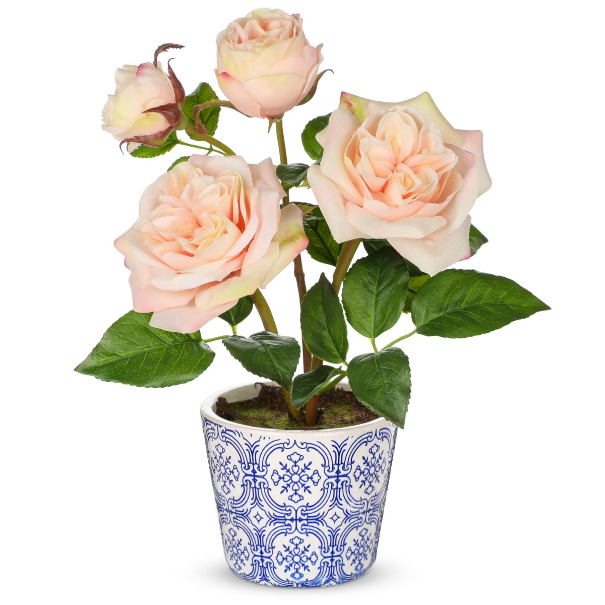 Hollyone Artificial Plants & Flowers in Vase Pink Roses Artificial Flowers Potted Plant Faux Silk Flower with Pot Fake Rose Flower Arrangement Home Decor Office Bathroom Shelf Desk Decoration 15 Inch