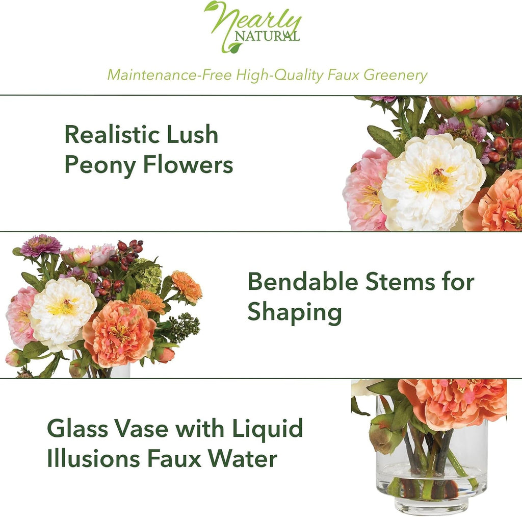 Nearly Natural 10 in Artificial Peony Arrangement in Glass Vase