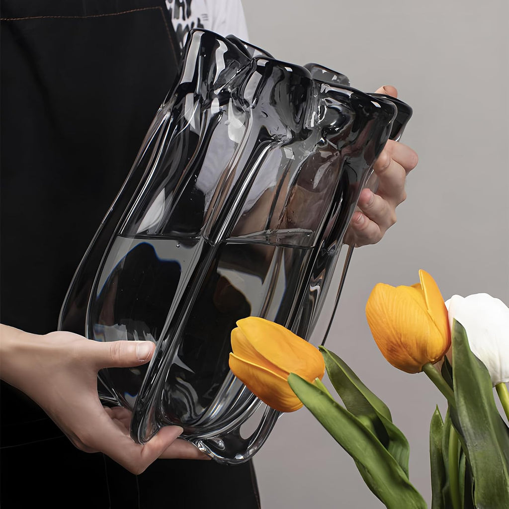 Modern Advanced Grey Black Glass Vase for Flowers, Hand Blown Art Glass Glass vase,Room Decoration and Centerpiece