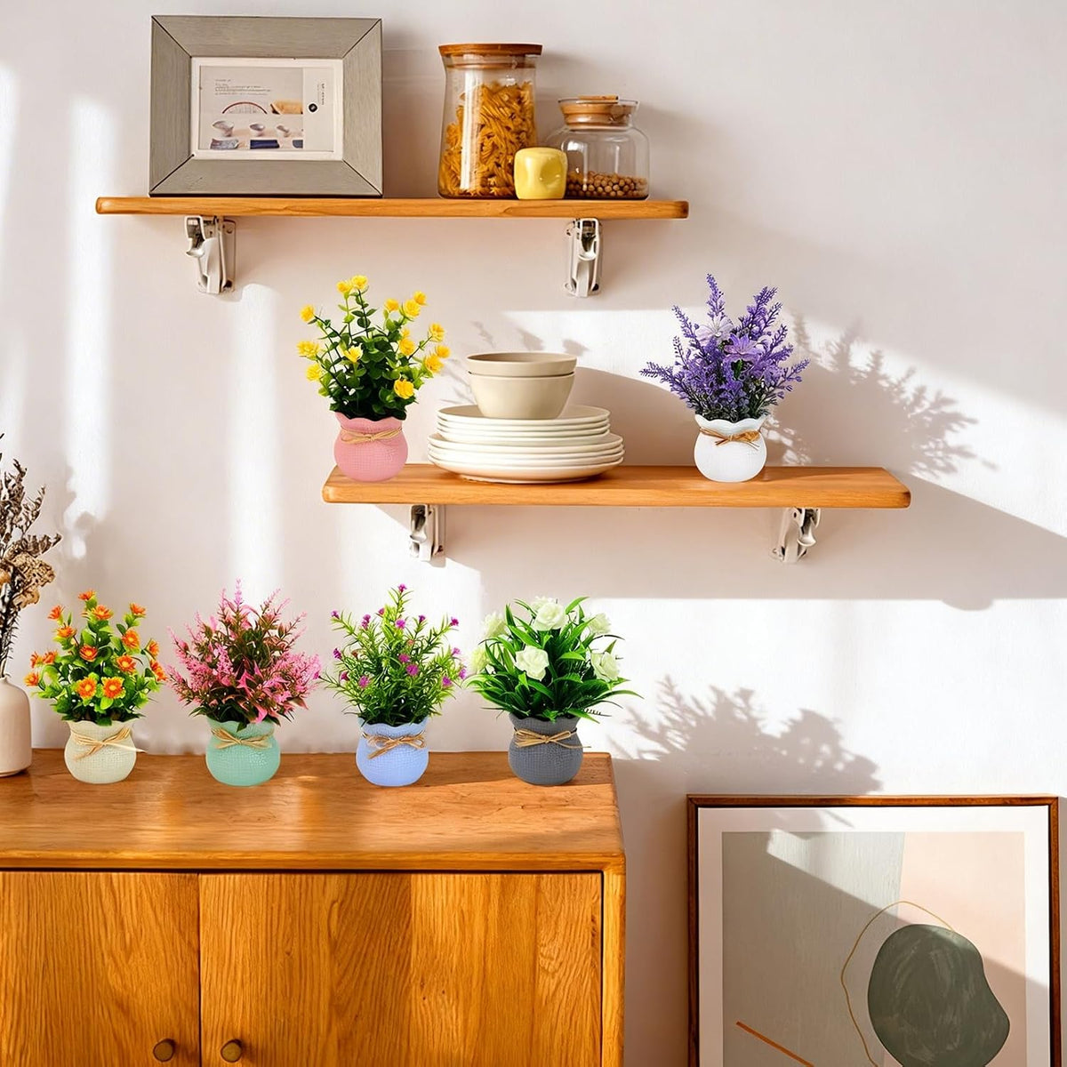 Yoratee 6PCS Artificial Flowers Pot Small Fake Plants with Mini Potted Plants for Home Office Tabletop Centerpiece Decoration