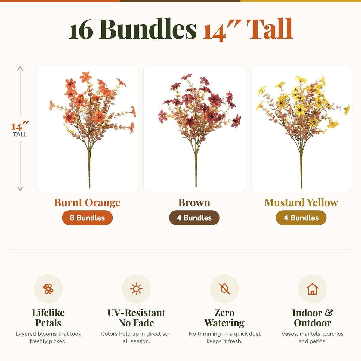 AXYLEX Artificial Fall Flowers Outdoor Fake Mums Brown Orange Yellow