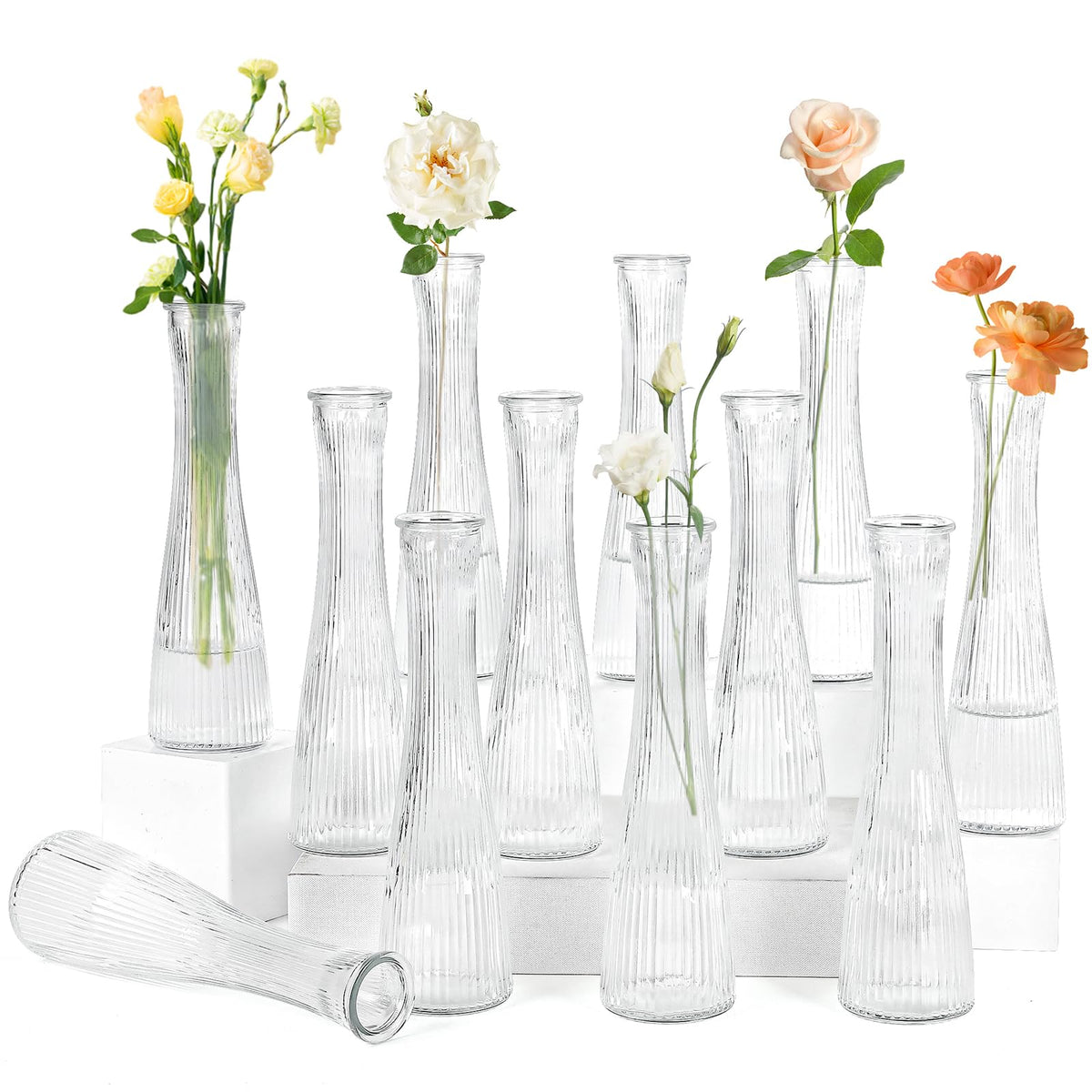 Glass Bud Vases Bulk 12 Pcs - Golden Water Ripple Wedding Centerpiece Vases, Small Flower Vases for Table Decor, Party Events & Home Decor