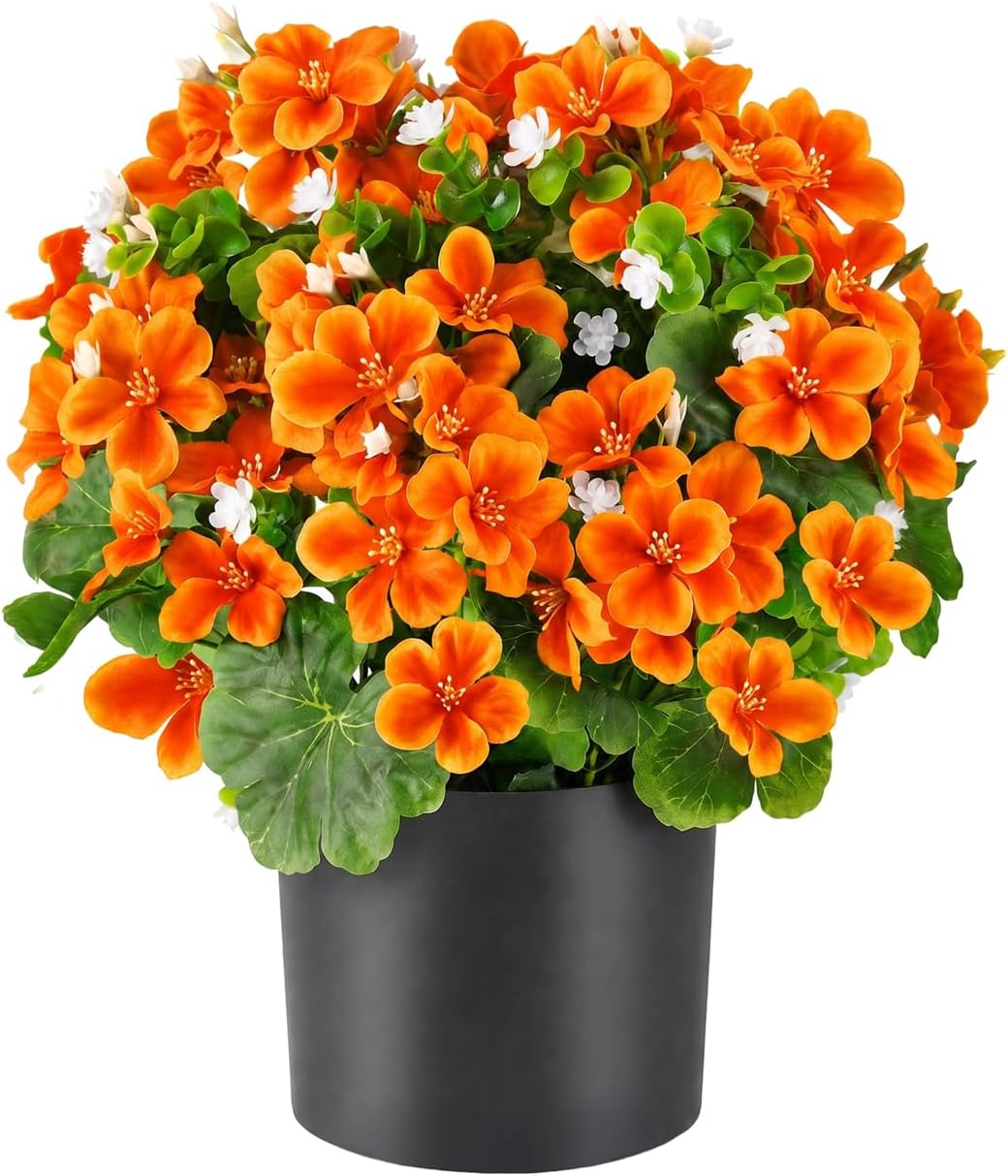 15'' Fake Plants Artificial Geranium Flower in Pot Fall Décor(Orange)