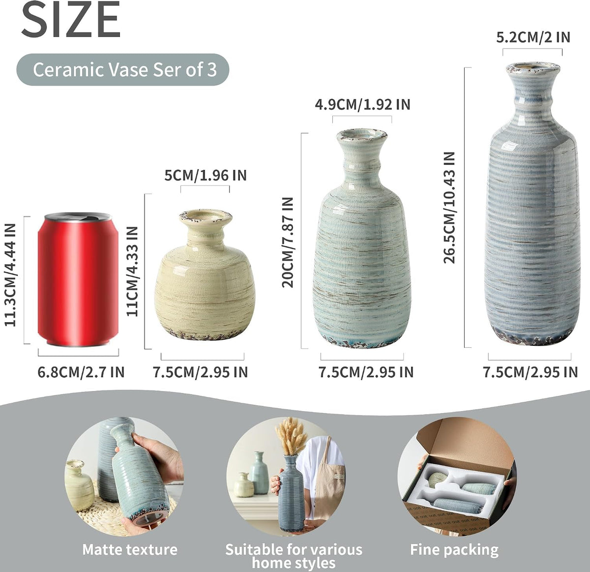 Ceramic Vase Set of 3, Rustic Neutral Vases Home Decor Farmhouse Decorative Flower Vase Modern Boho Pampass Vases for Table Mantel Entryway Shelf Living Room Kitchen Bathroom - Multicolor