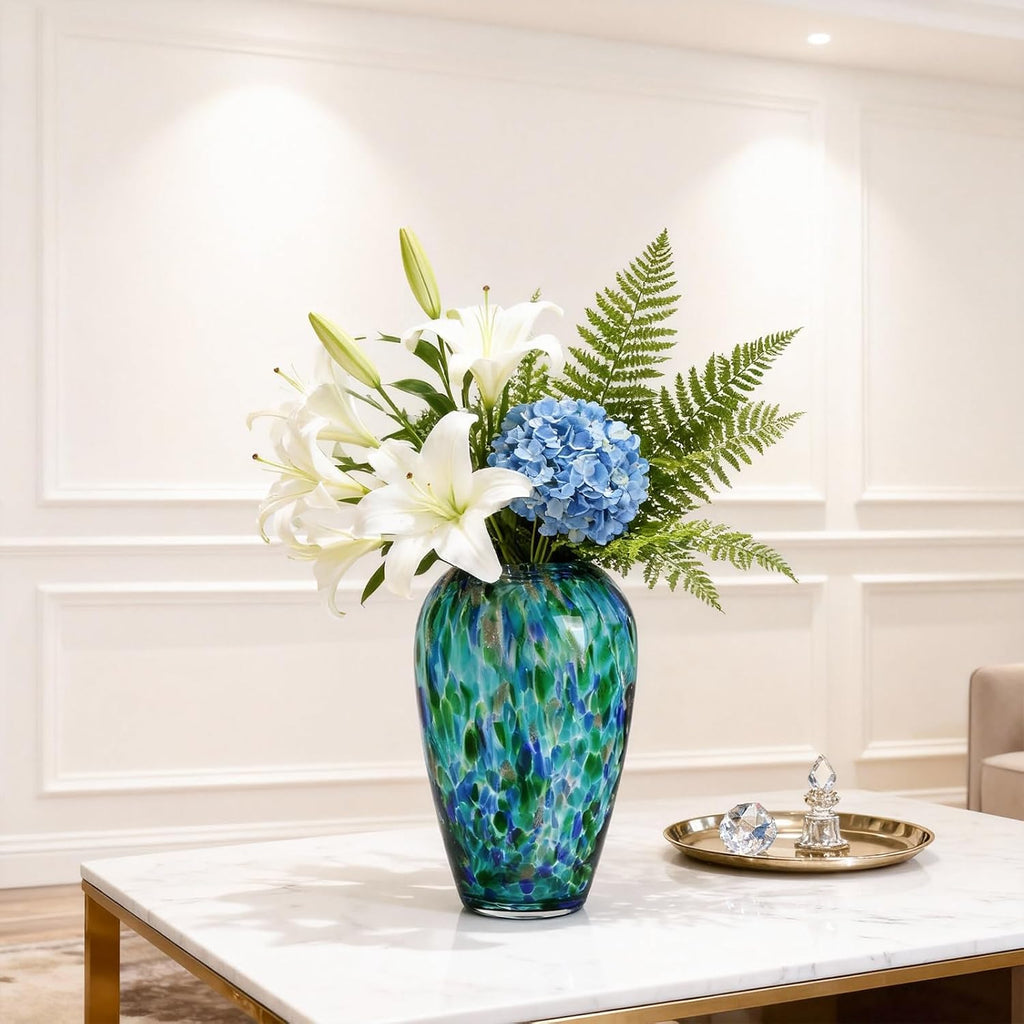 9" Tall Teal Vase Hand Blown Glass Vase, Unique Turquoise Glass Vases Modern Home Centerpieces, Wide Mouth Flower Vases for Bouquet, Living Room, Kitchen, Wedding, Dining Table Center