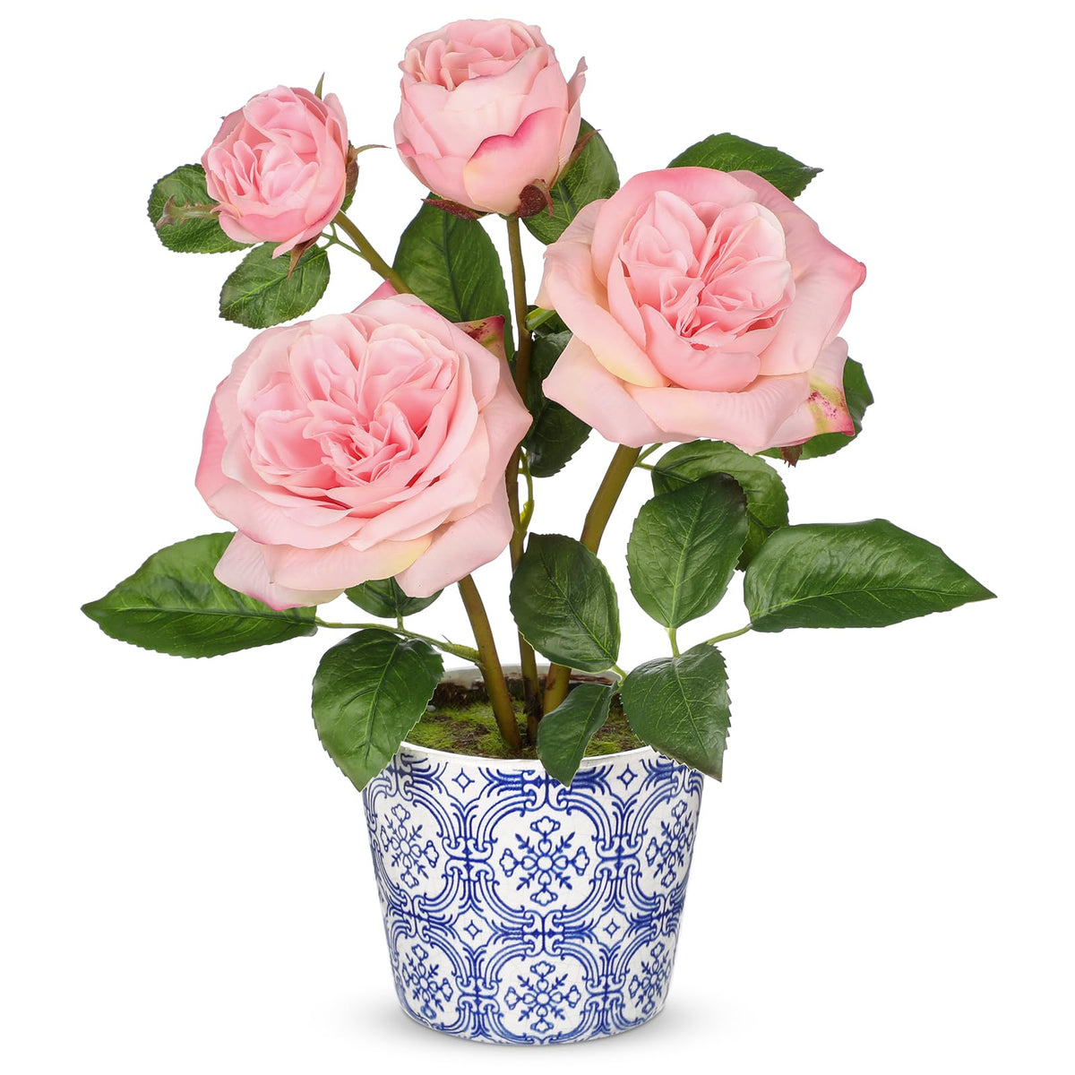 Hollyone Artificial Plants & Flowers in Vase Pink Roses Artificial Flowers Potted Plant Faux Silk Flower with Pot Fake Rose Flower Arrangement Home Decor Office Bathroom Shelf Desk Decoration 15 Inch