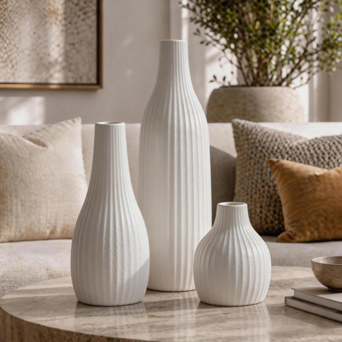 Minimal Line Black Ceramic Vase Set of 3, Matte Decorative Flower Vases